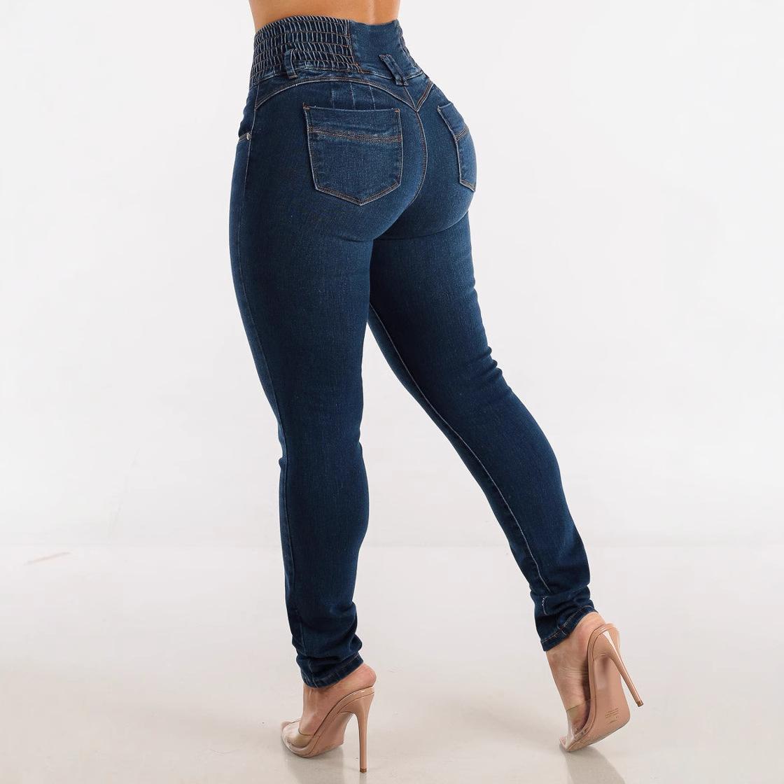 Qiu Yi Sexy heupliftende, hoge taille, smalle skinny stretch jeans voor dames S donkerblauwe kleur