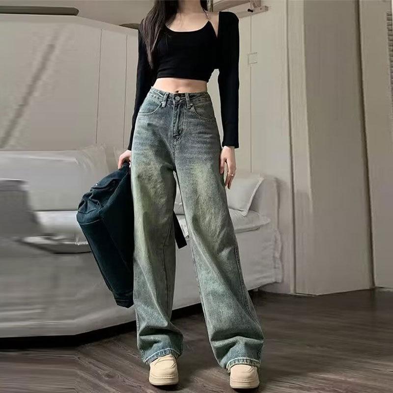 Qiu Yi Rechte jeans voor dames Lente en herfst Peervormig Casual Nostalgia Vintage Drag Floor Losse wijde pijpenbroek S blauw