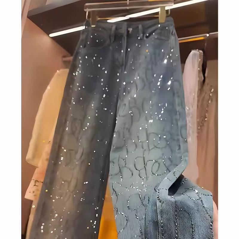 Five Fine Diamond Jeans voor dames Glanzende hoge taille Losse wijde pijpen Denim broek Blauwe strass mopping broek Streetwear mode broek XS blauw