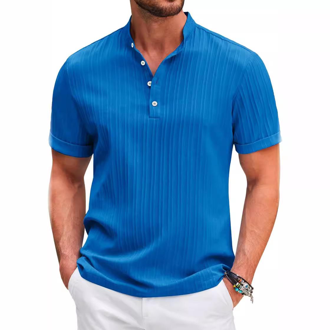HerSight Heren Retro Zomer Katoen Linnen Tops Casual Korte Mouw Gestreept Henry Shirt Casual Wit Zwart Blauw Overhemden S zwart