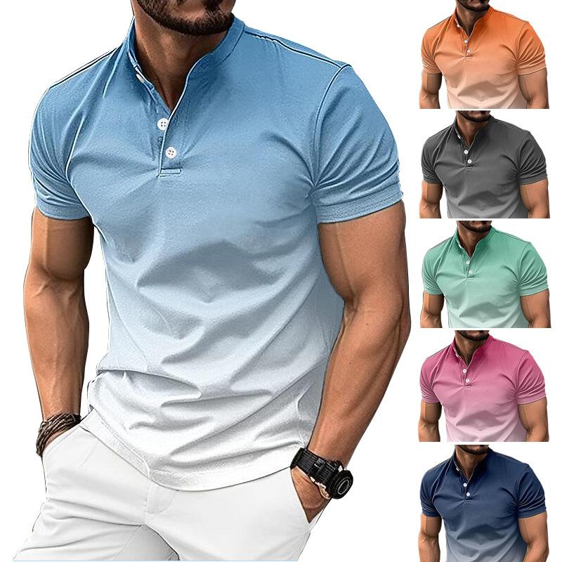 Little red horse Lente en zomer nieuwe herenmode T-shirt heren opstaande kraag gradiënt casual korte mouwen golf Henley shirt S grijze kleur