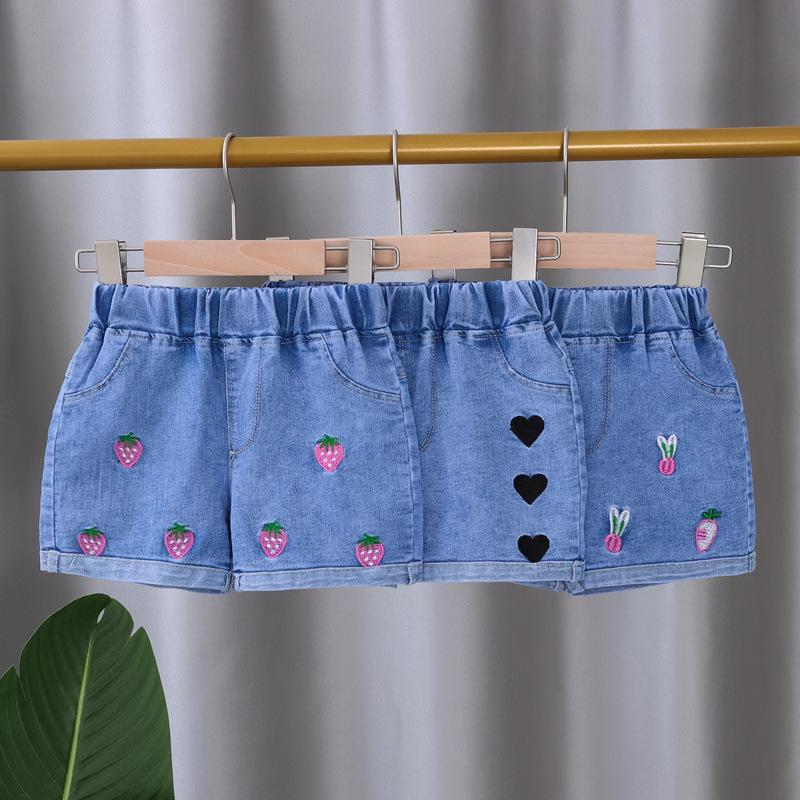 AI Supermarket Stijlvolle zomer denim shorts voor meisjes - Lichtgewicht, elastische jeans voor kinderen Embroidered denim shorts: Smiley Face, 80cm