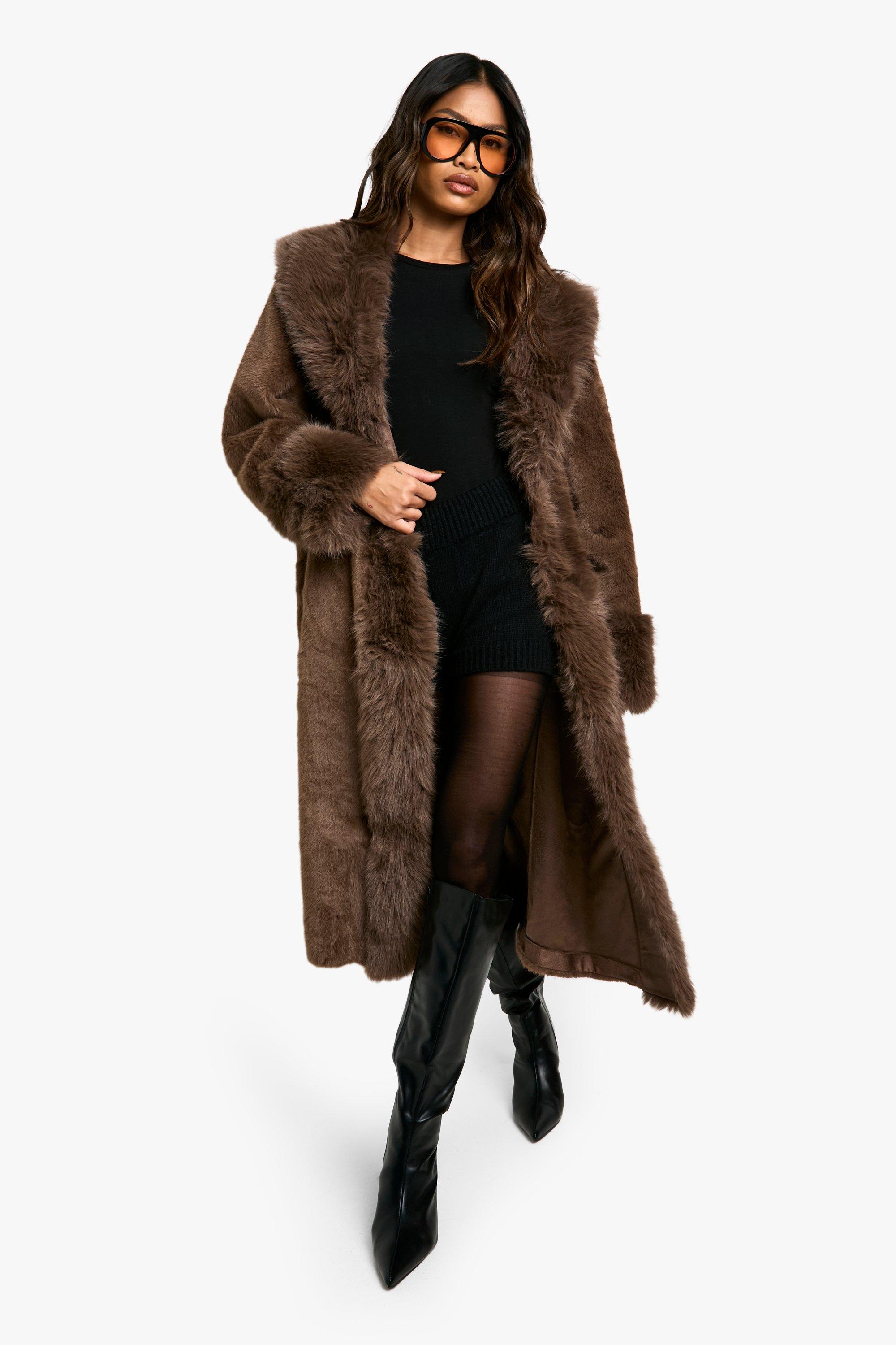 Boohoo Faux Fur Midaxi Jas, Chocolate