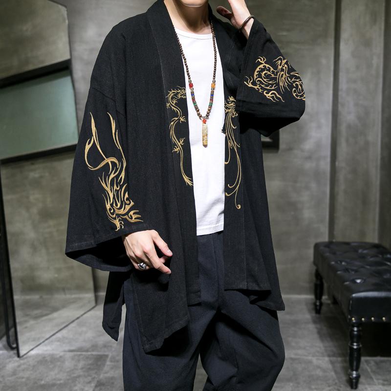 SHIZI Mode Kostuum Borduurwerk Hanfu Mannen Chinese Stijl Linnen Gewaad Cardigan Jas Oversized Kimono Oude Jas Mannelijk XXXXXL zwart