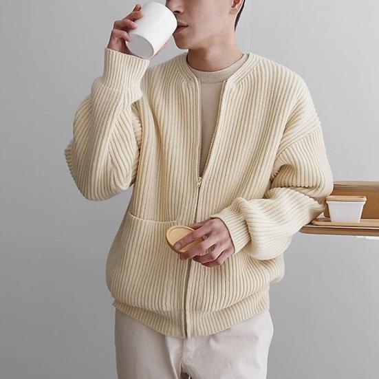 DILLER Heren Herfst Winter Effen Kleur Cardigan Jas Kraagloos Lange Mouw Ritssluiting Zak Gebreide Trui Jas Heren Breien Buitenkleding L donkerblauwe kleur