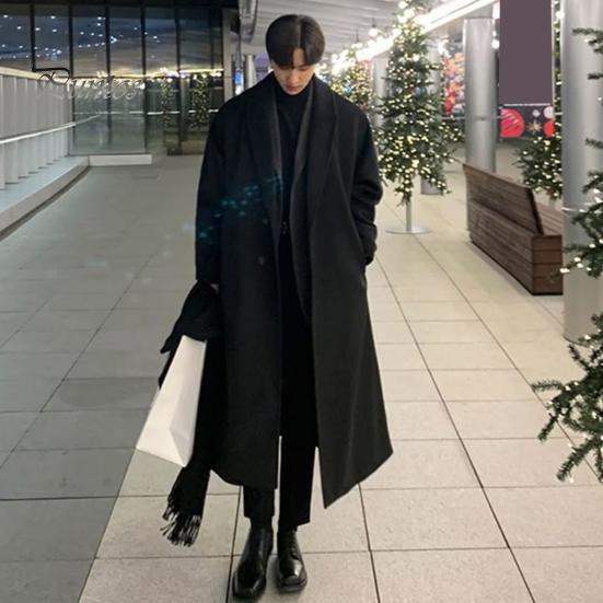 DILLER Heren Lange Wollen Jas Revers Lange Mouw Effen Kleur Windjack Zakken Twee Knoopsluiting Effen Kleur Middellange Lengte Buitenkleding M zwart