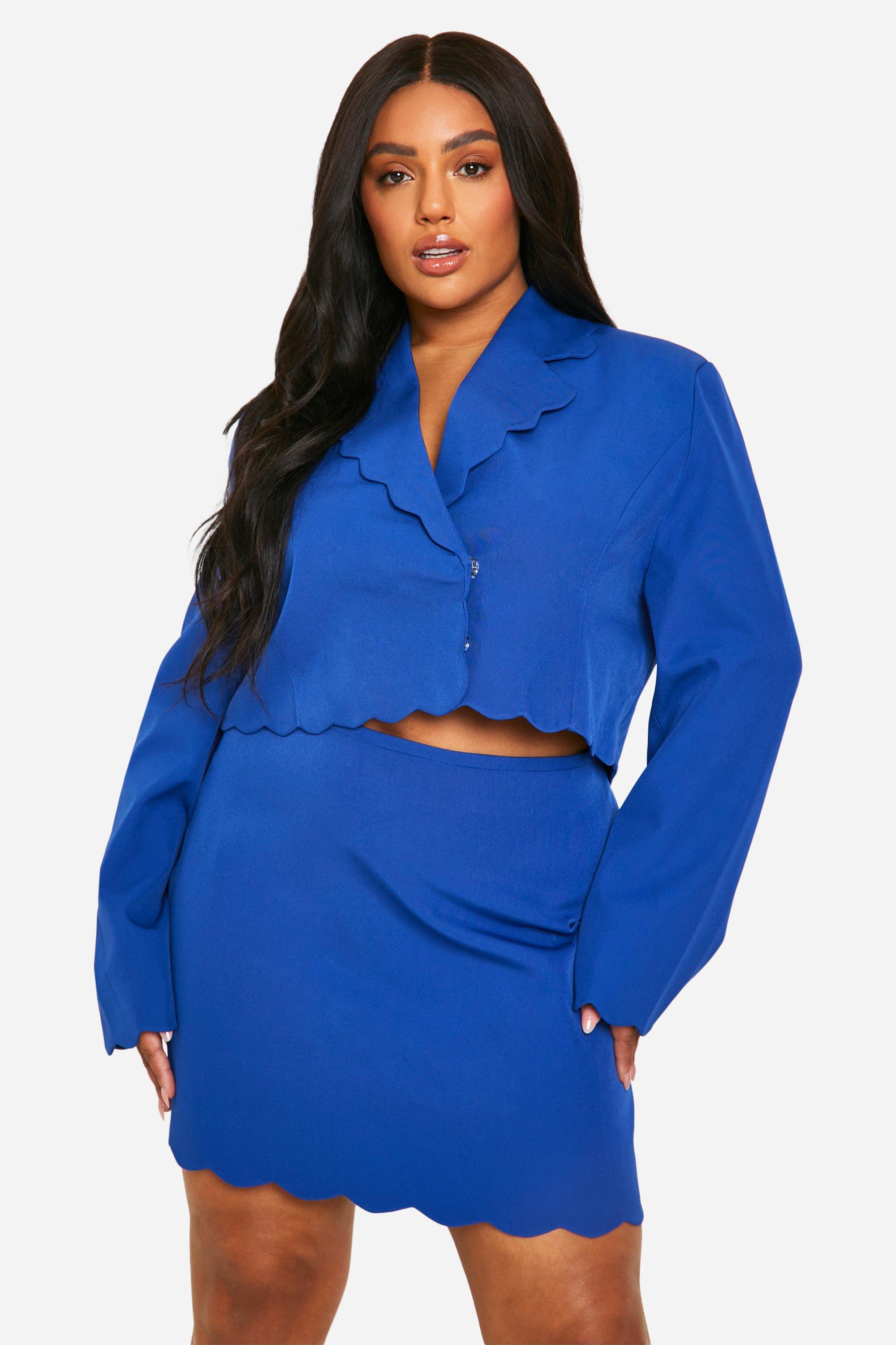 Boohoo Plus Korte Blazer Met Geribbelde Zoom, Cobalt