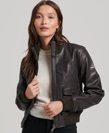 Superdry Vrouwen Leren Bomberjack met Gebreide Kraag Bruin