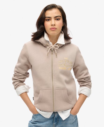 Superdry Vrouwen Luxe Hoodie met Metallic Logo en Rits Lichtgrijs