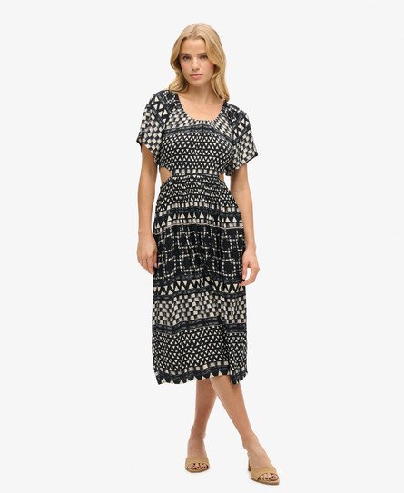 Superdry Vrouwen Midi-jurk met Print en Uitsnijding Zwart