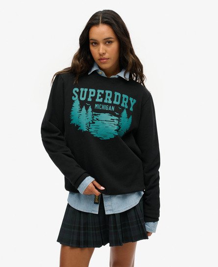 Superdry Vrouwen Oversized Outdoors Sweatshirt met Ronde Hals en Print Zwart