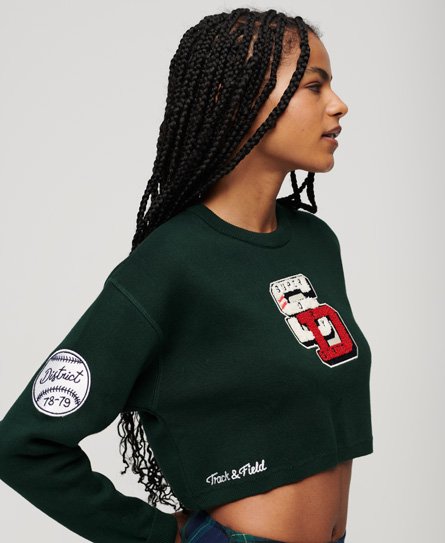 Superdry Vrouwen Korte Varsity Trui met Ronde Hals Groen
