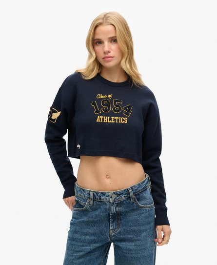 Superdry Vrouwen Korte Varsity Trui met Ronde Hals Blauw