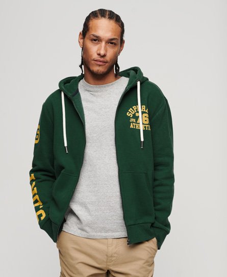 Superdry Mannen Athletic College Hoodie met Grafische Print en Rits Groen