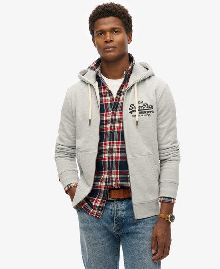 Superdry Mannen Vintage Logo Hoodie met Borduursel en Rits Donkergrijs