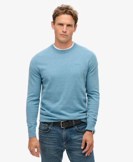 Superdry Mannen Trui met Ronde Hals van Biologisch Katoen en Kasjmier Blauw