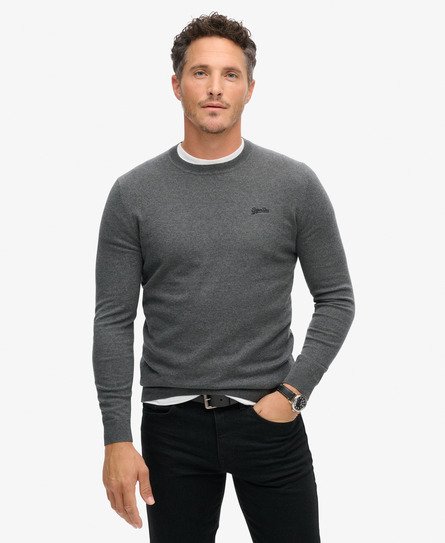 Superdry Mannen Trui met Ronde Hals van Biologisch Katoen en Kasjmier Donkergrijs
