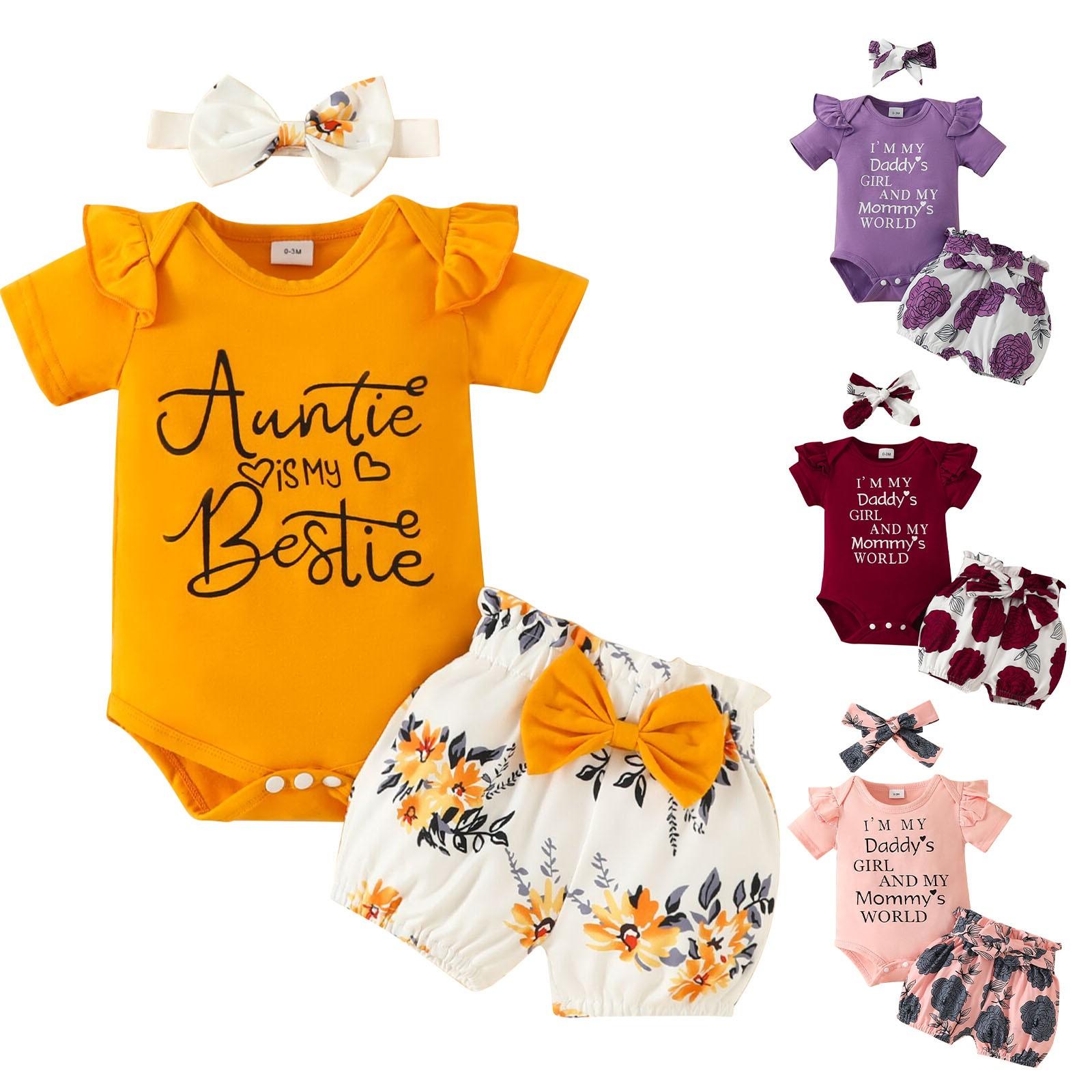 Ximalaya (Qunide) Zomer Korte Mouw Letter Romper T-shirt + Rok + Hoofdband Baby Meisjes Set Pasgeboren Baby Outfit Kinderkostuum Kinder Bodysuits S roze
