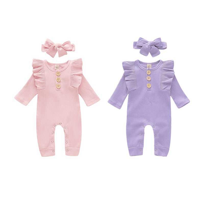 BOOSKU Baby baby meisjes kleding effen gebreide romper effen jumpsuit + haarband outfits lente herfst pasgeboren kostuum L/80