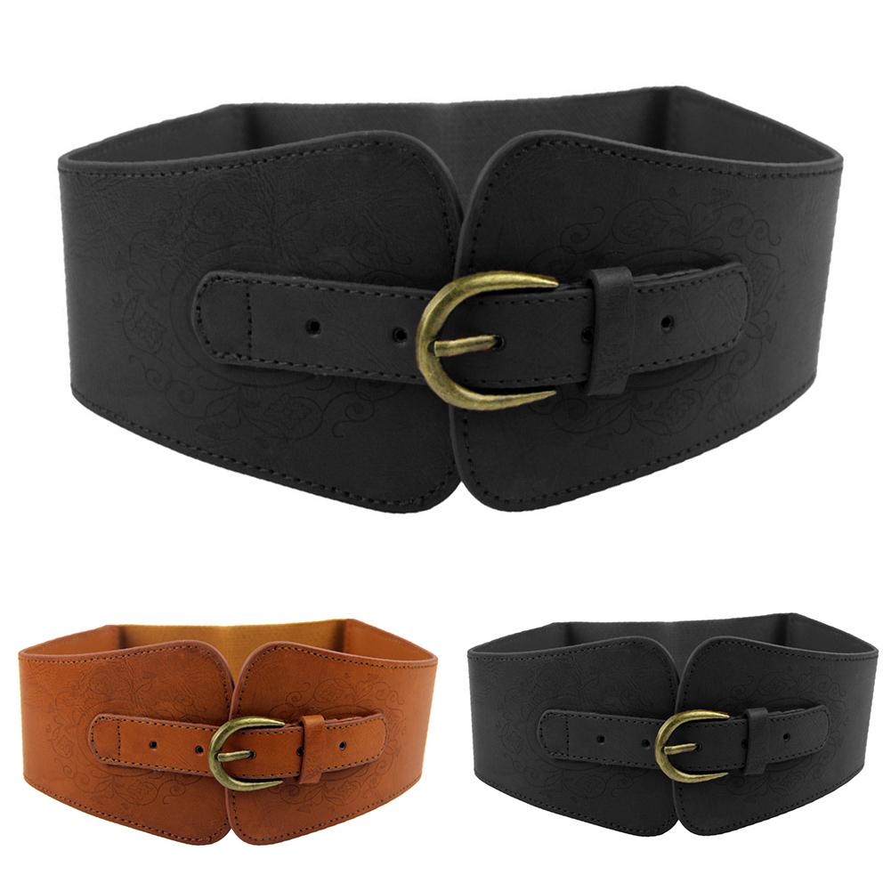 Muswanna Cherry Outdeer Brede Riem Dames Kunstleer Gesp Elastische Band Pure Kleur Tailleband zwart