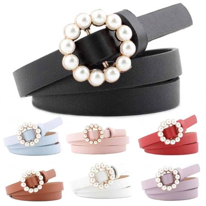BOOSKU Casual zoete lange ronde parelgesp decoratieve dunne riem dames
