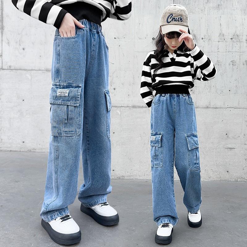 Landon Tienermeisjes Wijde Broek Cargo Jeans Herfst Mode Kinderen Casual Denim Broeken School Jonge Kinderen Rechte Baggy Broeken 15Y 100 blauw