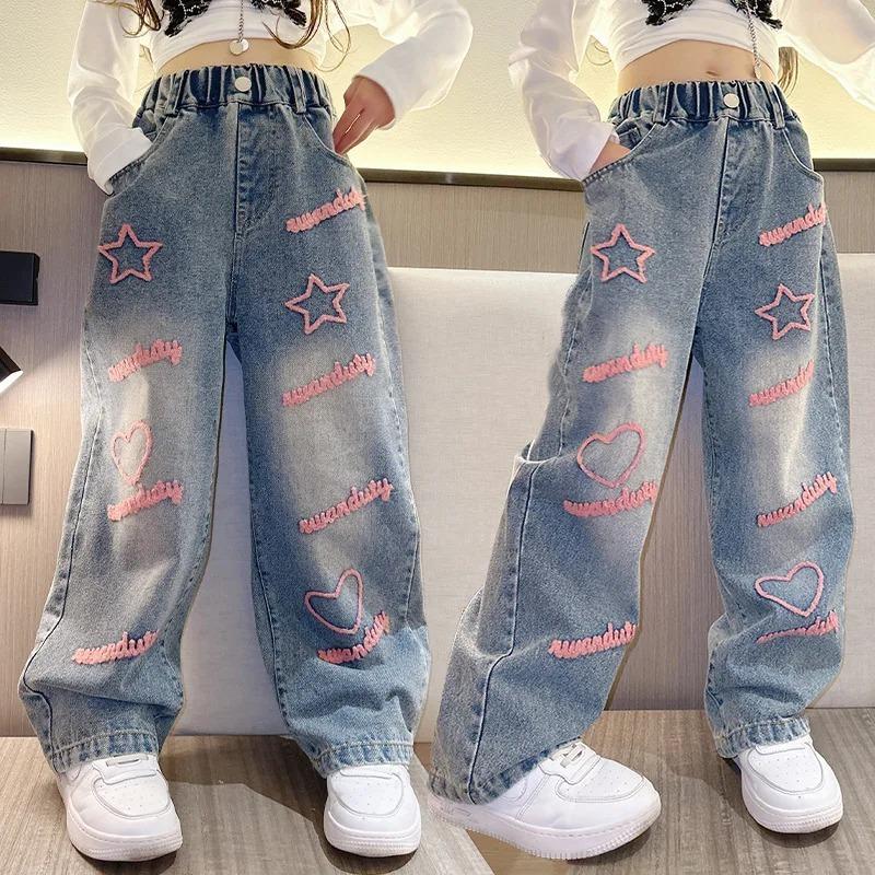 LIngzhi Blauwe lente tienermeisjes jeans sterren liefde handdoek geborduurd mode wijde pijp lange broek baggy denim broek kinderen meisje 160cm blauw