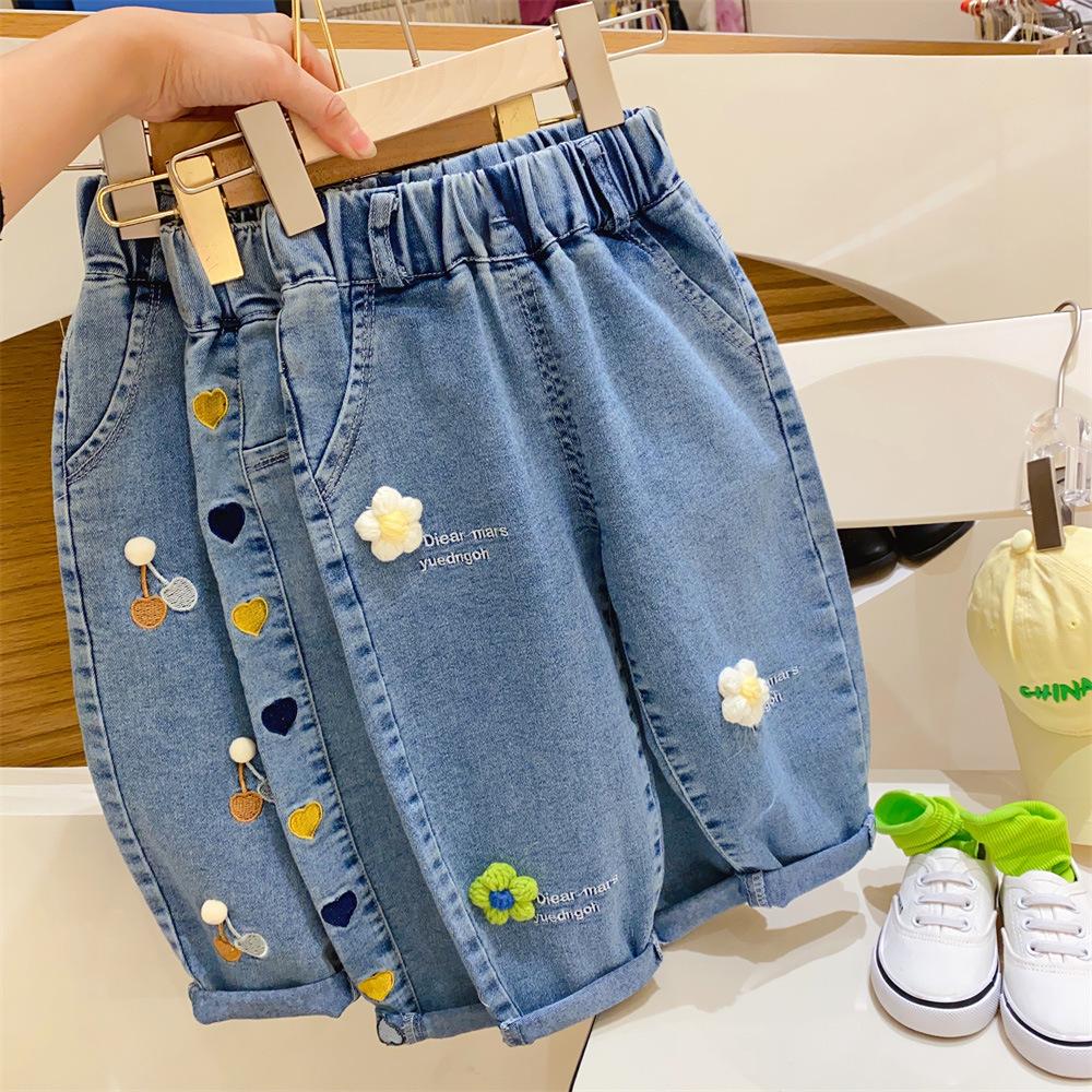LAOHU Blauwe mode geborduurde bloemenmeisjesjeans babyjongens kinderjeans meisjesbroeken daduhey wijde pijpen broek harembroeken kleding bodems 110cm
