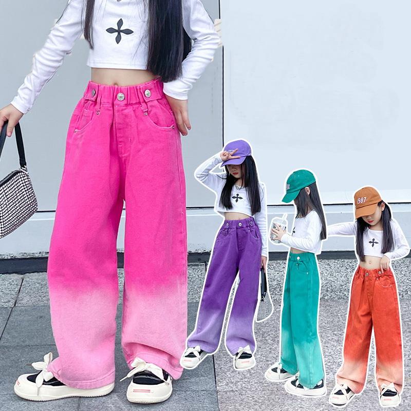 DOKI Lente Herfst Tiener Broeken Jeans voor Meisjes Candy Kleur Verloop Kleur Wijde Pijp Broek Kinderen Casual Wijde Pijp Broek 150cm rozerode kleur