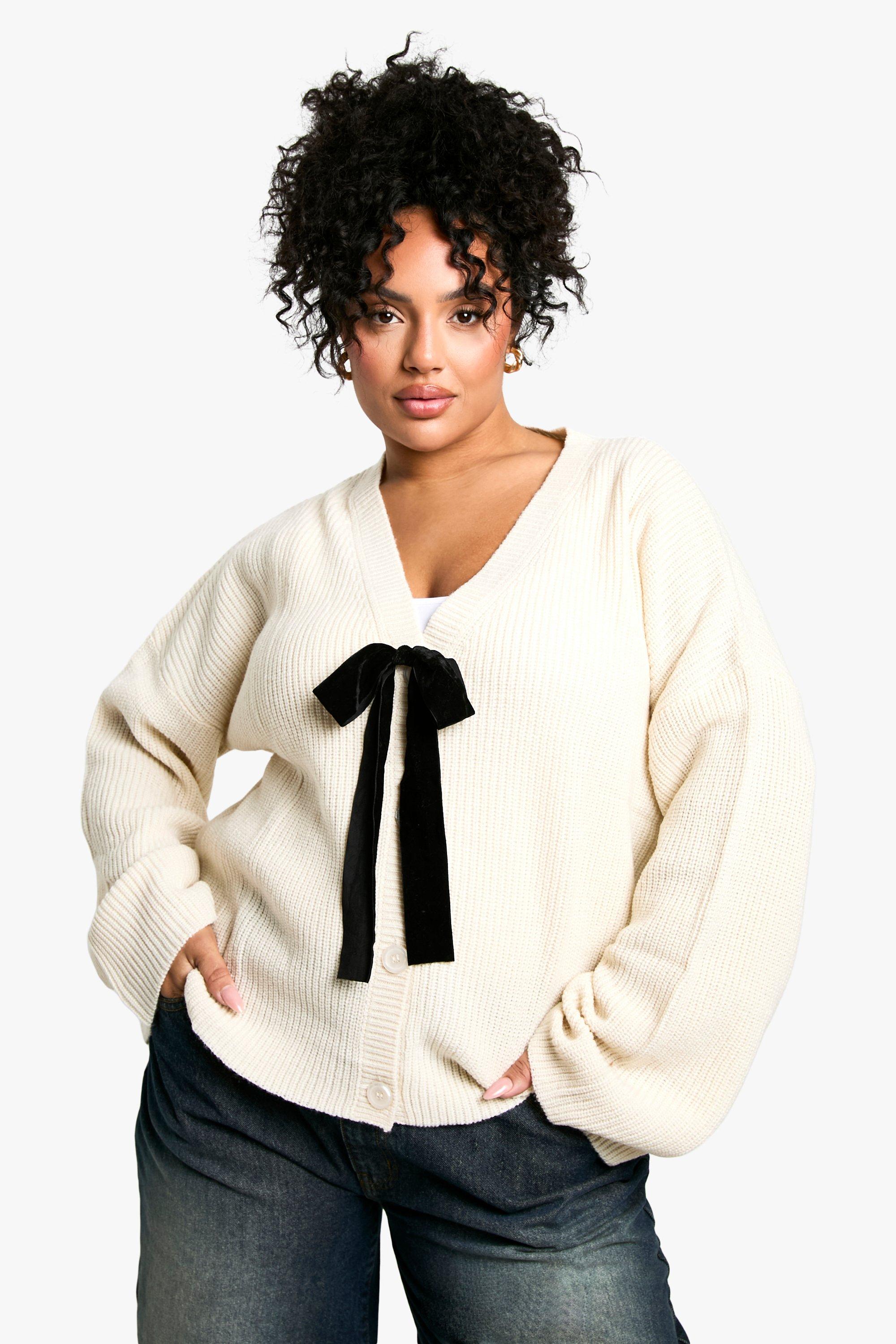 Boohoo Plus Cardigan Met Strik, Cream