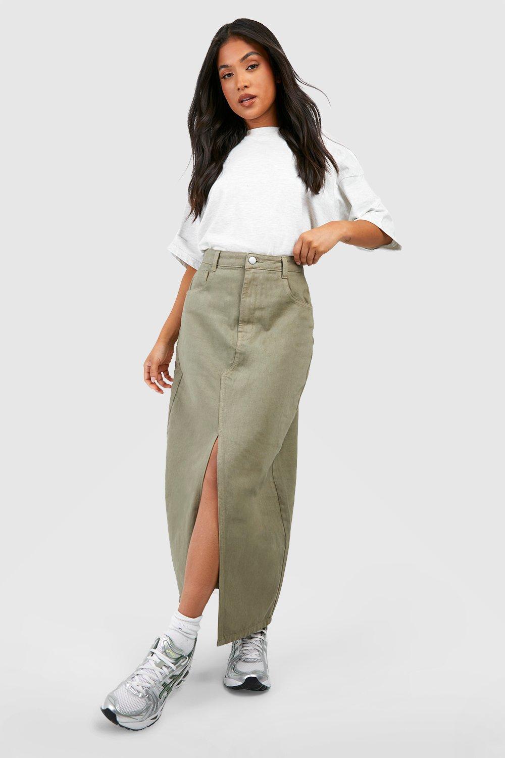 Boohoo Petite Maxi Spijkerrok Met Split, Olive