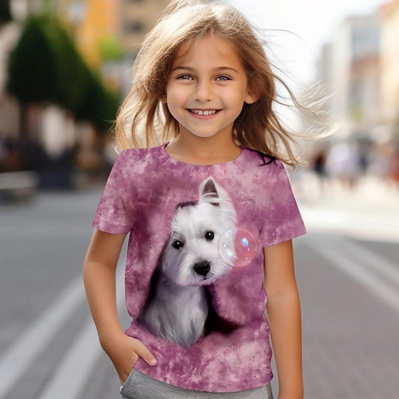 ETST WENDY 012 Meisjes 3D Honden T-shirt Roze Korte Mouw Print Zomer Actief Mode Schattig Polyester Kinderen Ronde Hals Buiten Casual Dagelijks Regelmatig 100CM