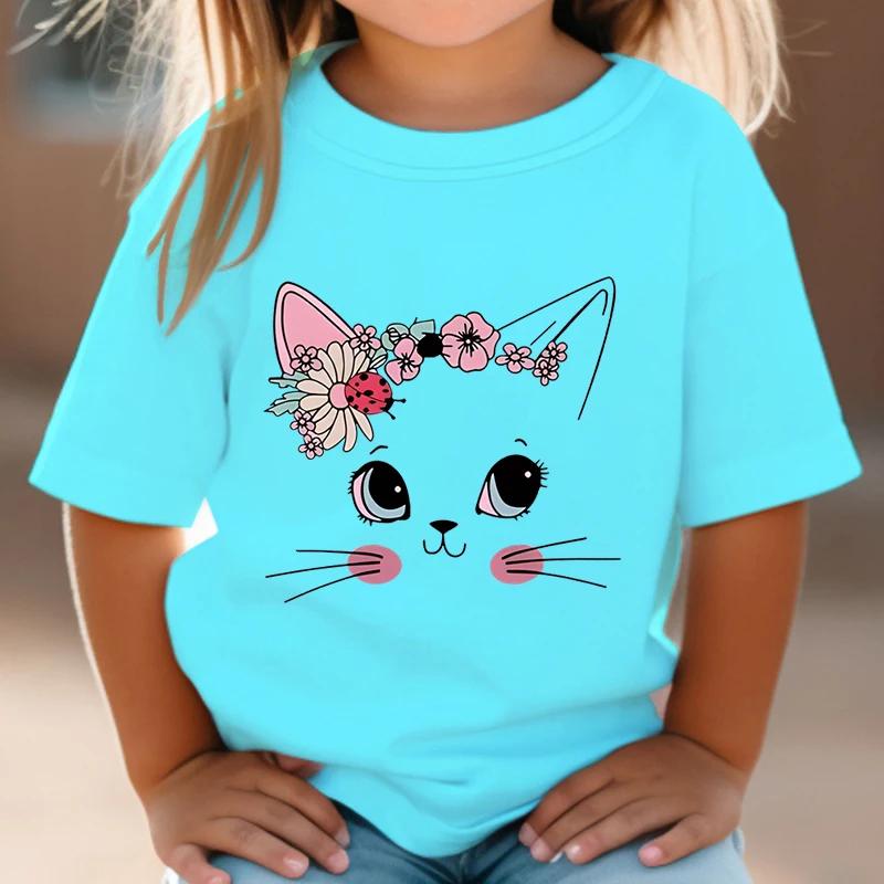 Xuhaijian02 Zomer kinder T-shirt Bloemen Kat Grafisch Shirt Meisjes Bloemen Kitty Tops Wit Korte Mouw Wild Tee Schattig Dier Cartoon Kat T-shirt 100