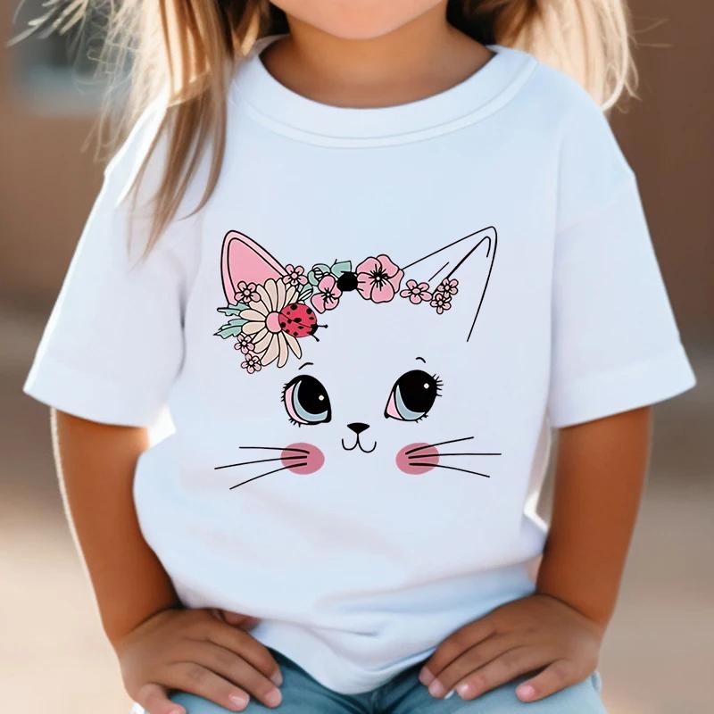 Happy going Zomer kinder T-shirt Bloemen Kat Grafisch Shirt Meisjes Bloemen Kitty Tops Wit Korte Mouw Wild Tee Schattig Dier Cartoon Kat T-shirt 2T(90cm) rood