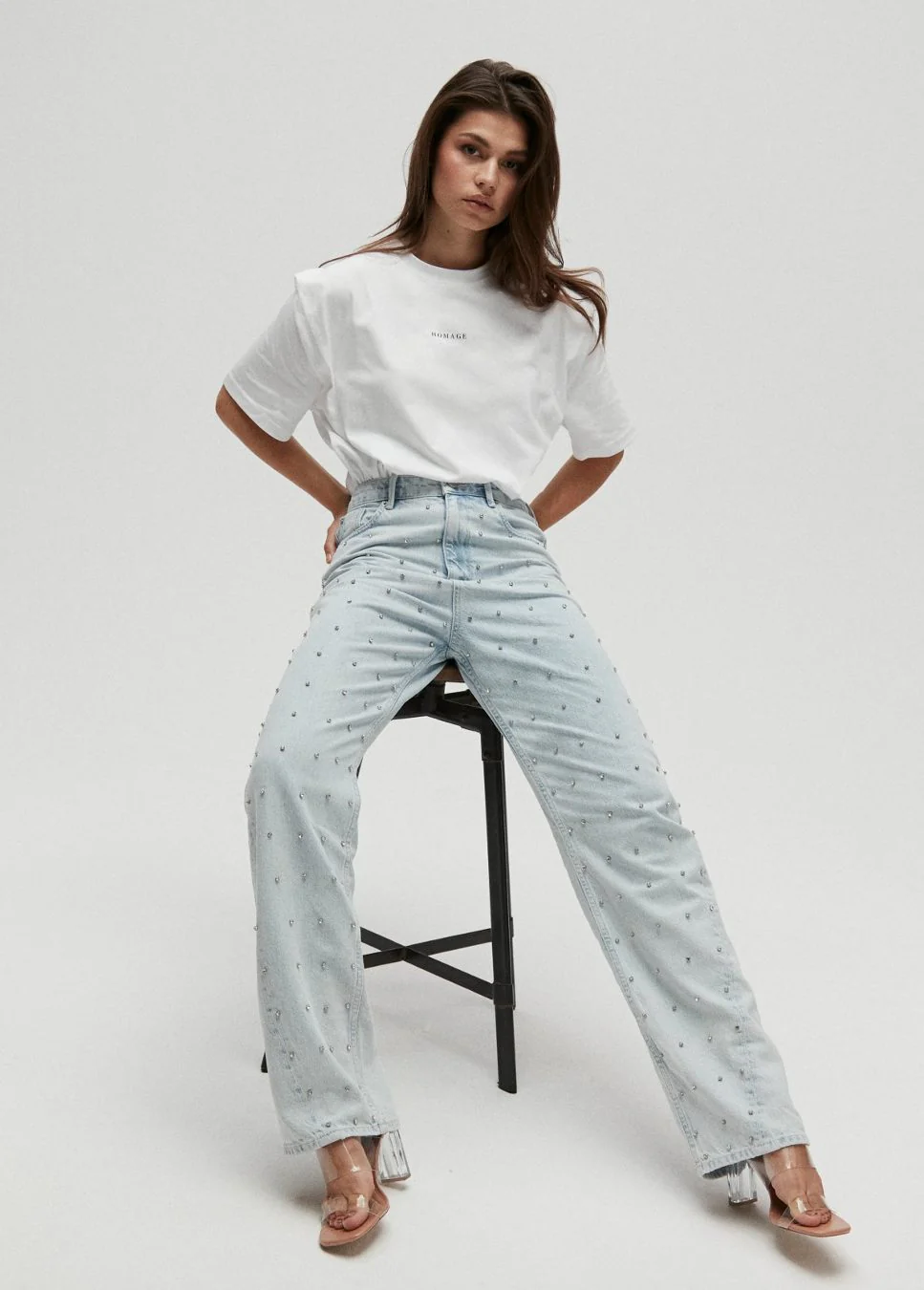 Homage to Denim Licht wide leg jeans met strass steentjes