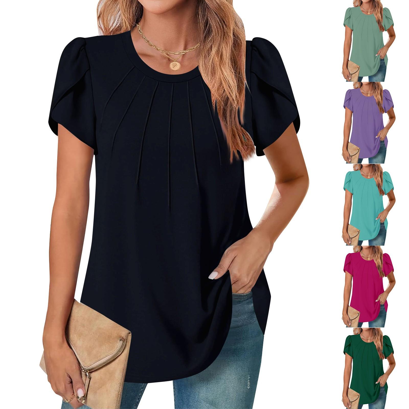 Hong Decor Dames casual ronde hals korte mouwen borst geplooide flap mouw effen kleur top XXL