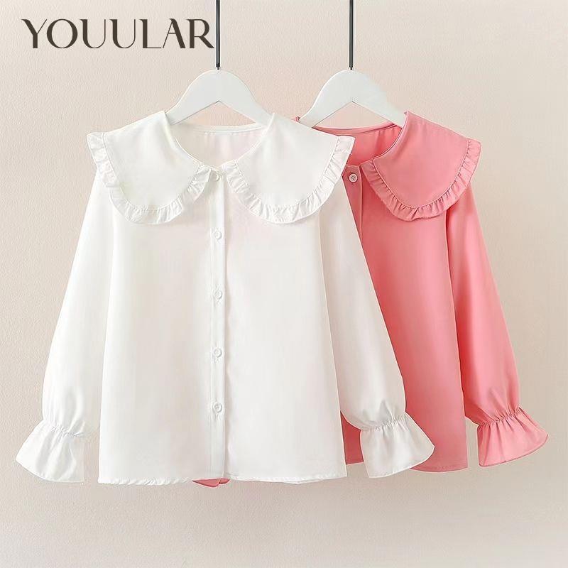 YOUULAR Meisjes Lange mouwen Shirt Poppenkraag Herfst Nieuwe Stijl Kinderen Meisje Knoop Wit Shirt Lente Herfst 120 wit