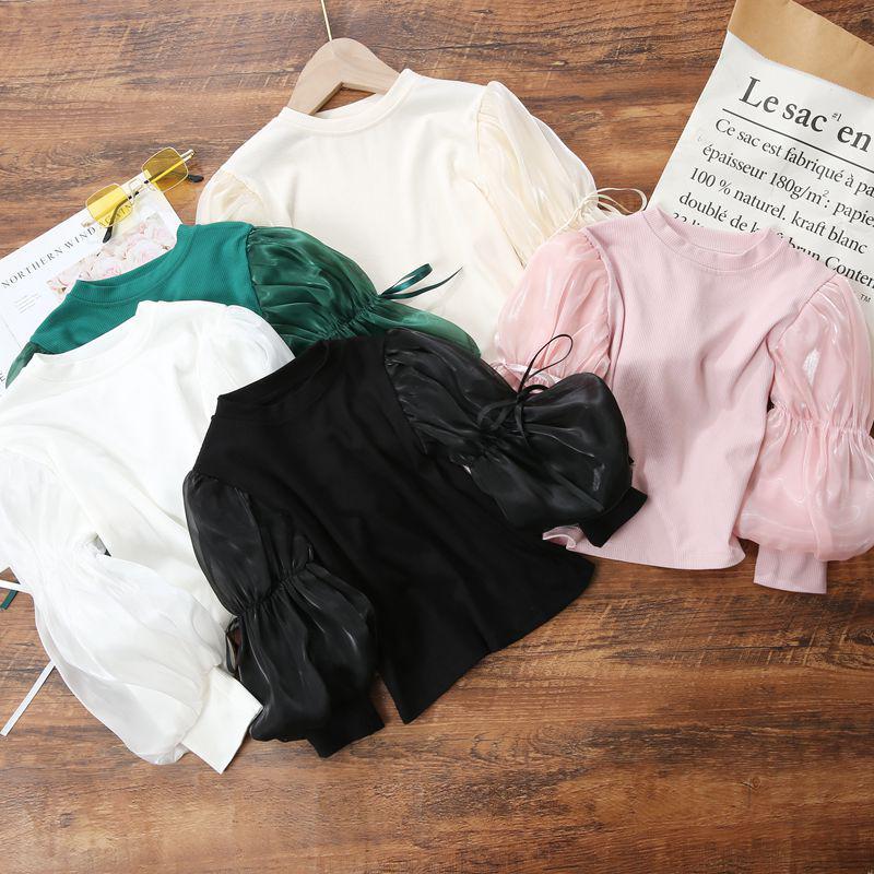 Voyex Meisjes T-shirts met lange mouwen en pofmouwen van prinsessengaas voor herfst en winter 100 cm groen