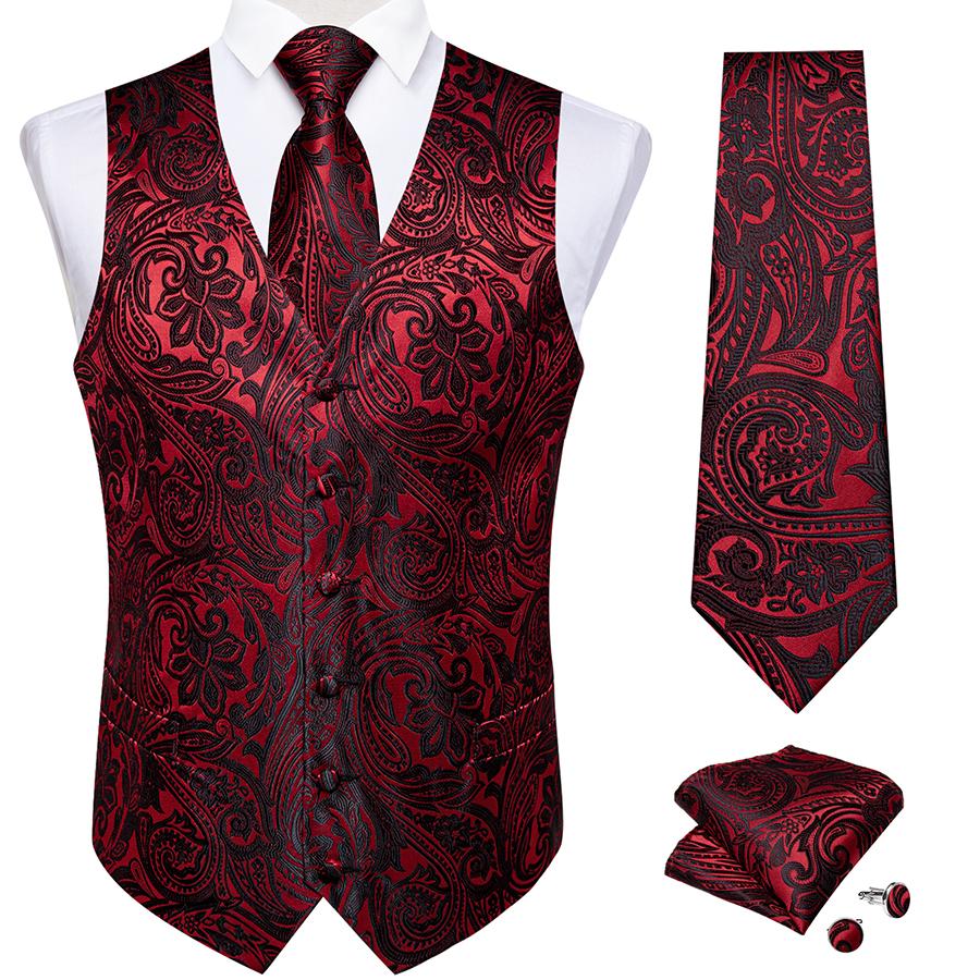 DiBanGu Mens Trendy Heren rood vest Paisley bloemen vintage vest stropdas set bruiloft formeel casual S