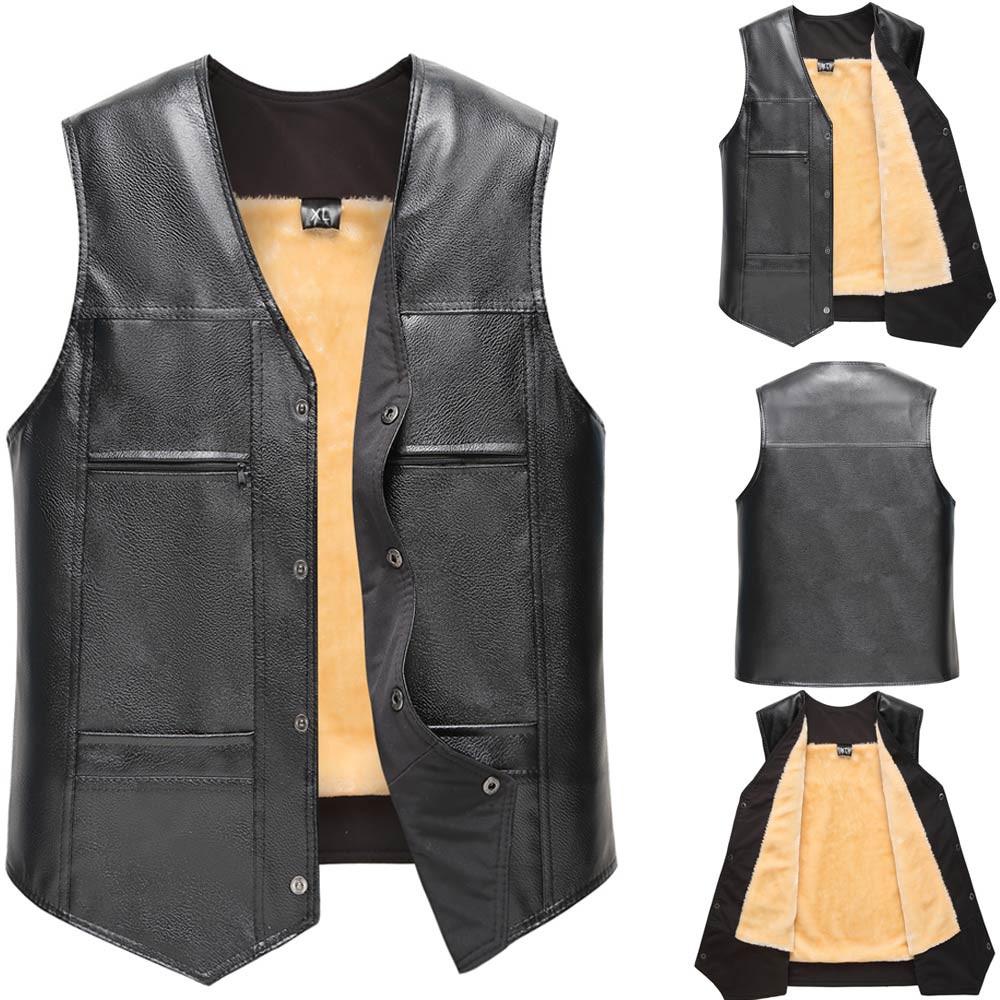 Niubiplus Heren leren herfst winter casual zak kleur gilet vest jas top XXL zwart