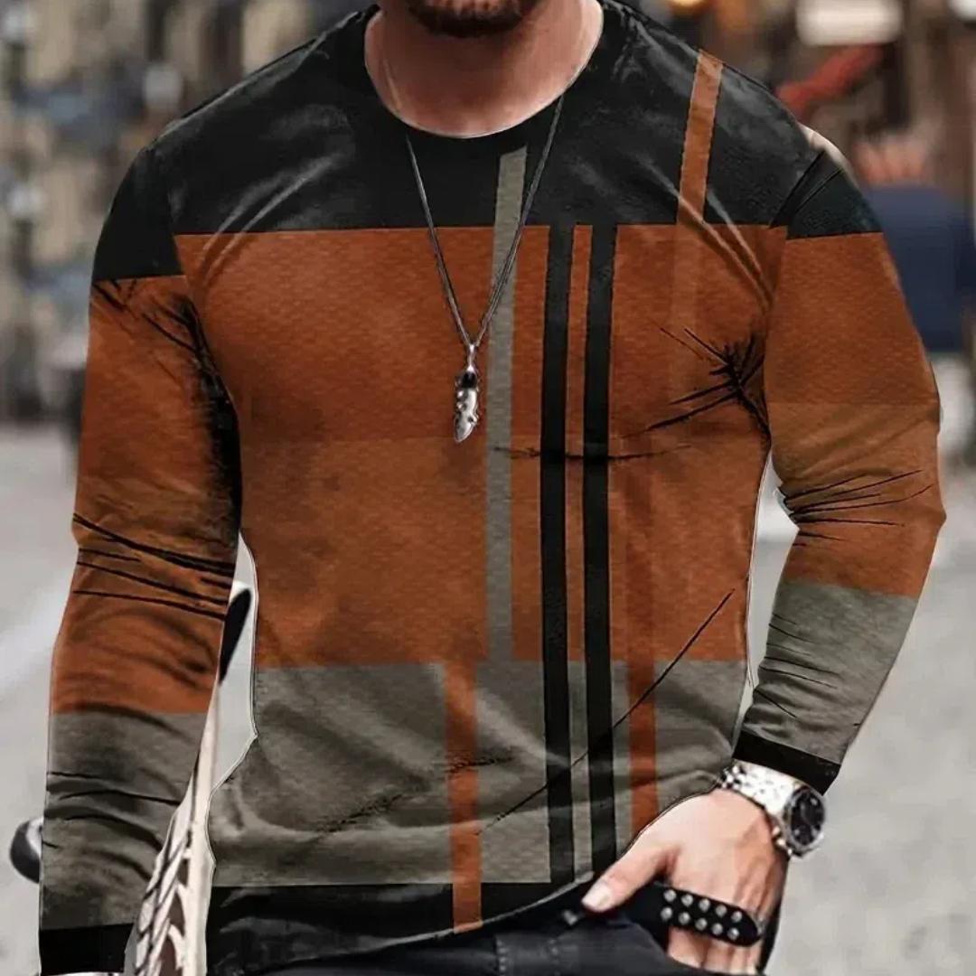 Wengy 2 Heren T-shirt met lange mouwen, retro 3D-print, kleurblokprint, vintage nieuwigheid, stijlvolle T-shirts voor de herfst, herenkleding S