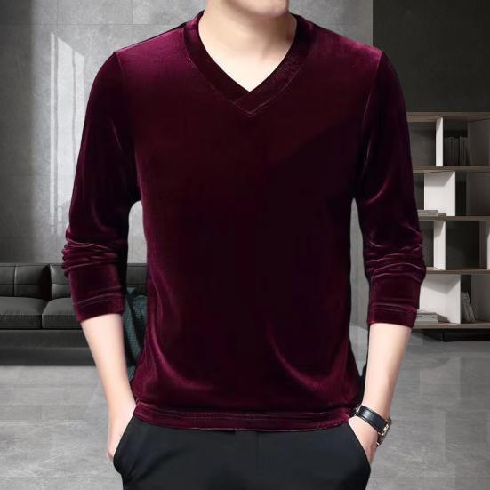 DILLER Heren Herfst Lente Top V Hals Trui Effen Kleur Lange Mouw Fluweel Slim Fit Mid Lengte Zacht Warm Casual Heren Winter T-shirt 3XL wijnrode kleur