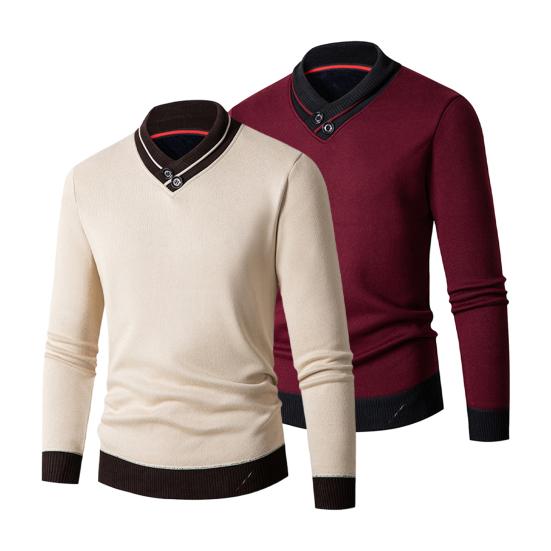 DILLER Herfst Winter Heren Trui V Hals Gebreid Dik Elastisch Warm Lange Mouwen Pullover Slim Fit Contrasterende Kleur Mid Lengte Heren Thermisch Ondergoed 3XL beige