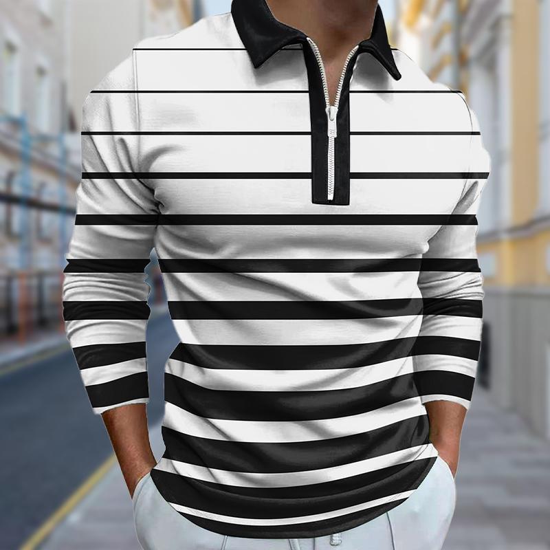 3D Fashion Design Clothing Poloshirts Heren Lange Mouw Kleurrijke Strepen Print Nieuw Heren Poloshirt Lange Mouw Rits T-shirt Top XS wit