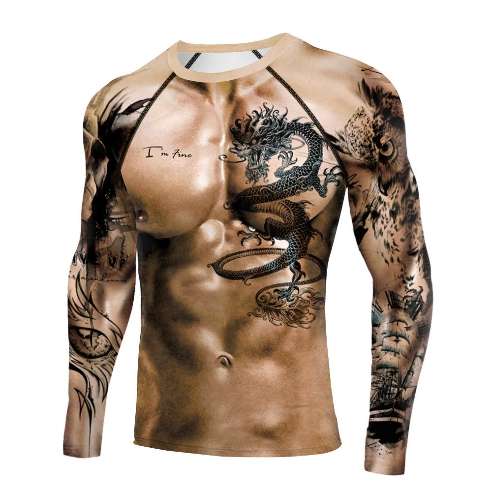 Plus Size FUGUIS Plus Size Heren T-shirts Lange Mouw Spier Tatoeage Sportkleding Rashguard Fitness Gym Tops Tees M