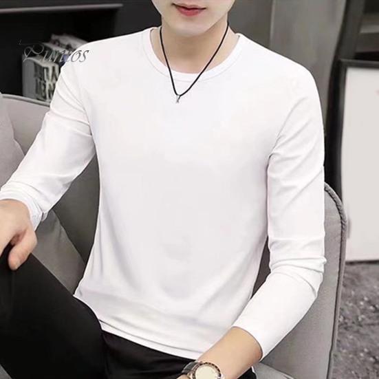 DILLER Heren Top Effen Kleur Lange Mouw Ronde Hals T-shirt voor Dagelijks Gebruik Middellange Lengte Lichtgewicht Materiaal Casual Stijl Sport Onderkant T-shirt M blauw