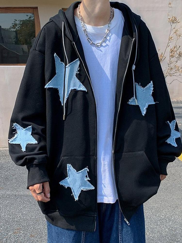 HU5RN Heren Star Patch Zip Up Hoodie voor heren Oversized Y2k Sweatshirt Jack E-Girl 90s Pullover Streetwear L zwart