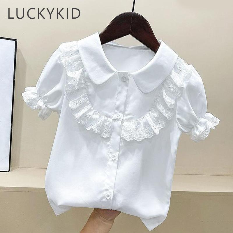 Youth Charm Zomer kinderkleding zoete kant korte mouw casual tops blouse kinderen meisjes mode turn down kraag effen kleur shirts 110 wit
