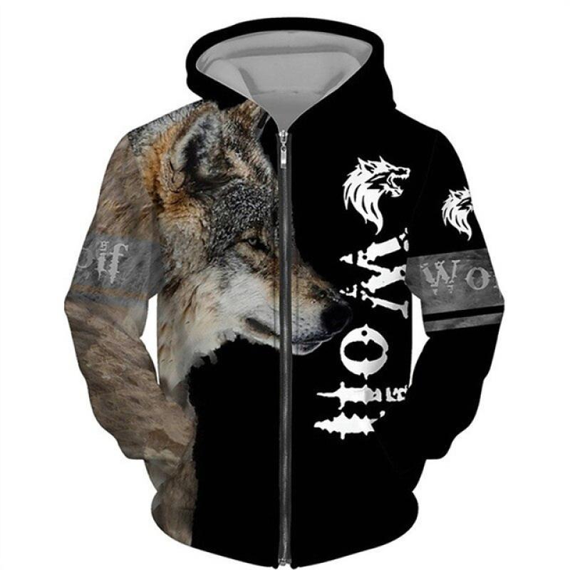 Nihao Wolf Heren 3d Hoodies Dier Vintage Rits Hoodie Voor Heren Mode Oversized Sweatshirt Lange Mouw Casual Herenkleding Tops XL