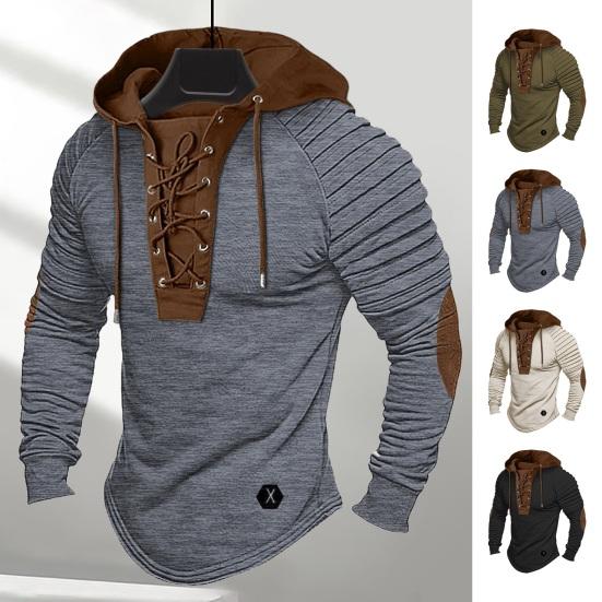 Western Cool Men Heren Lente Hoodie Geplooide Schouder Colorblock Trekkoord Capuchon Top Lange Mouw Trui M legergroene kleur